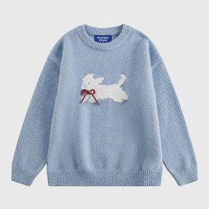 Elfric Eden Bow Dog soft blue acrylic oversize crew neck pullover sweater Small